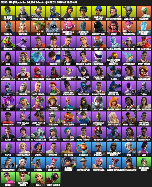 114 skins / OG Ghoul Trooper / Havoc / Rogue Agent / The Reaper / Blue Squire / Elite Agent / 