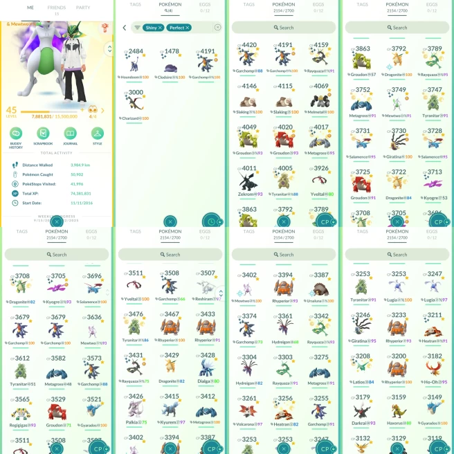 ACw1073 - Instinct | x107 3000CP| x542 2000CP| x309 Legendary | x435 shiny | x194 100IV |x12 Mewtwo (x1 100IV) x9 Rayquaza x6 Melmetal (x1 100IV
