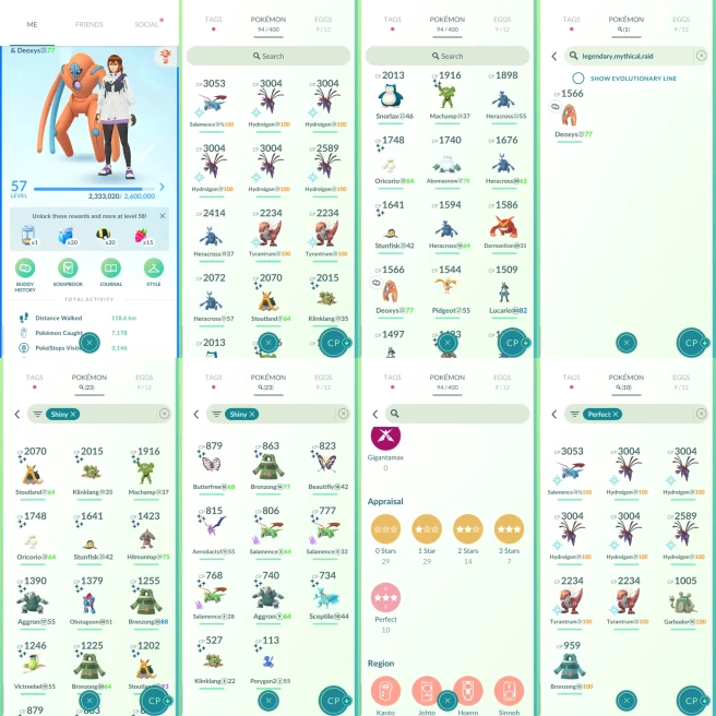 ACm1119 -Level 57 | 1456355 dust | x23 shiny x10 100IV | CP3000+ 5 CP2000+ 13 | Deoxys | 100IV Salamence x5 Hydreigon Tyrantrum Bronzong Garbodo