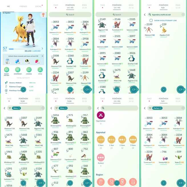 ACm1123 -Level 57 | 1728662 dust | x34 shiny x9 100IV | CP3000+ 5 CP2000+ 21 | Zapdos Galar Shiny Deoxys |100IV x2 Salamence x3 Hygreigon x2 Tyr