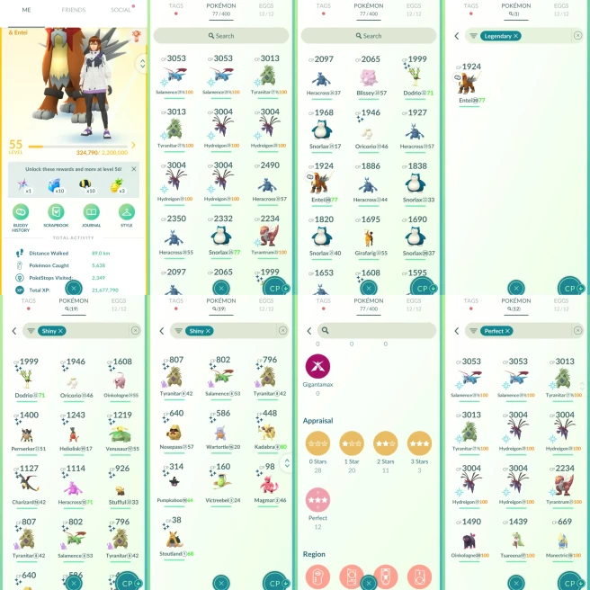 ACm1164 -Level 55 | 1174623 dust | x19 shiny x12 100IV | CP3000+ 8 CP2000+ 14 | Entei | 100IV x2 Tyranitar x2 Salamence x4 Hydreigon Tyrantrum