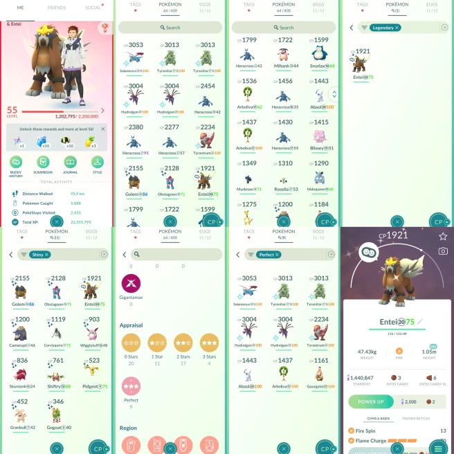 ACm1165 -Level 55 | 1440847 dust | x11 shiny x9 100IV | CP3000+ 5 CP2000+ 11 | Entei Shiny | 100IV Salamence x2 Tyranitar x2 Hydreigon Tyrantrum
