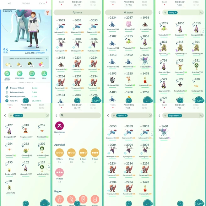 ACm1166 -Level 56 |1304222 dust |x22 shiny x12 100IV |CP3000+ 6 CP2000+ 14 |Suicune |100IV x3 Salamence x3 Hydreigon x5 Tyrantrum |Shiny Tyranit