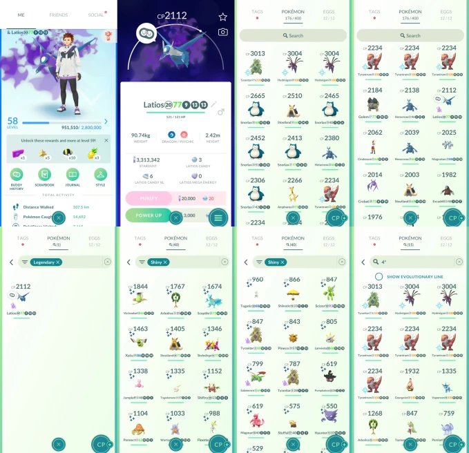 ACm1176 -lv: 58 Mystic | x3 3000CP | x20 2000CP | x1 Legendary | x40 shiny | x15 100IV | Latios shadow | Tyranitar x2 Hydreigon