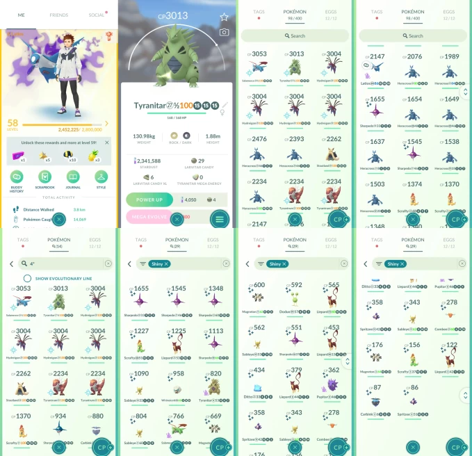 ACm1183 -lv: 58 Instinct | x6 3000CP | x14 2000CP | x1 Legendary | x29 shiny | x14 100IV | Latios shadow | 3000CP+ 100IV Tyranitar Salamence hyd