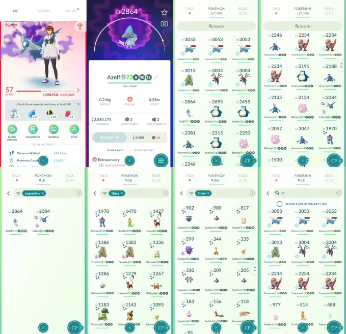 ACm1184 -lv: 57 Valor | x6 3000CP | x23 2000CP | x2 Legendary | x26 shiny | x13 100IV | Latios shadow Azelf | 100IV Salamence Tyranitar Hydreigo