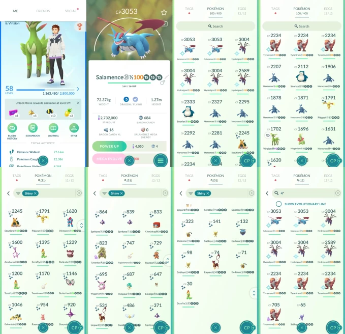 ACm1189 -lv: 58 Mystic | x5 3000CP | x17 2000CP | x1 Legendary | x31 shiny | x11 100IV | Virizion | 100IV x2 Salamence x4 Hydreigon x4 Tyrantrum