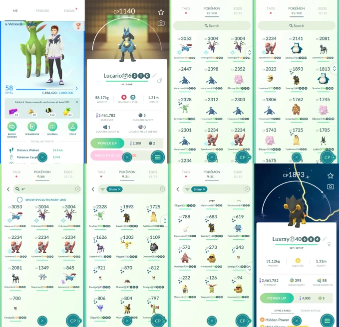 ACm1191 -lv 58 Mystic | x3 3000CP | x16 2000CP | x1 Legendary | x21 shiny | x10 100IV | Virizion Lucario | Shiny Luxray Typhlosion | 1500CP Sala