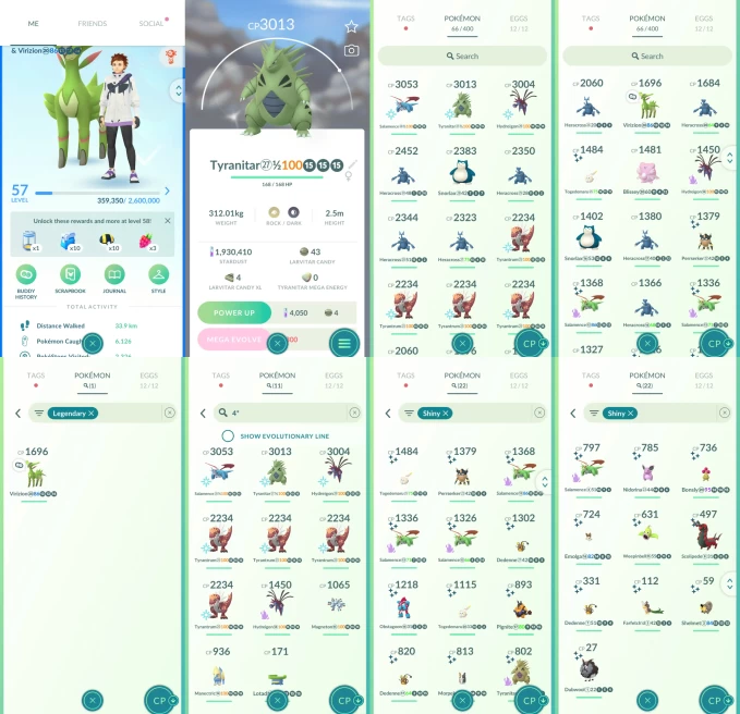 ACm1195 -lv 57 Mystic | x3 3000CP | x13 2000CP | x1 Legendary | x22 shiny | x11 100IV | Virizion | shiny shadow x4 Salamence Tyranitar | 100IV H