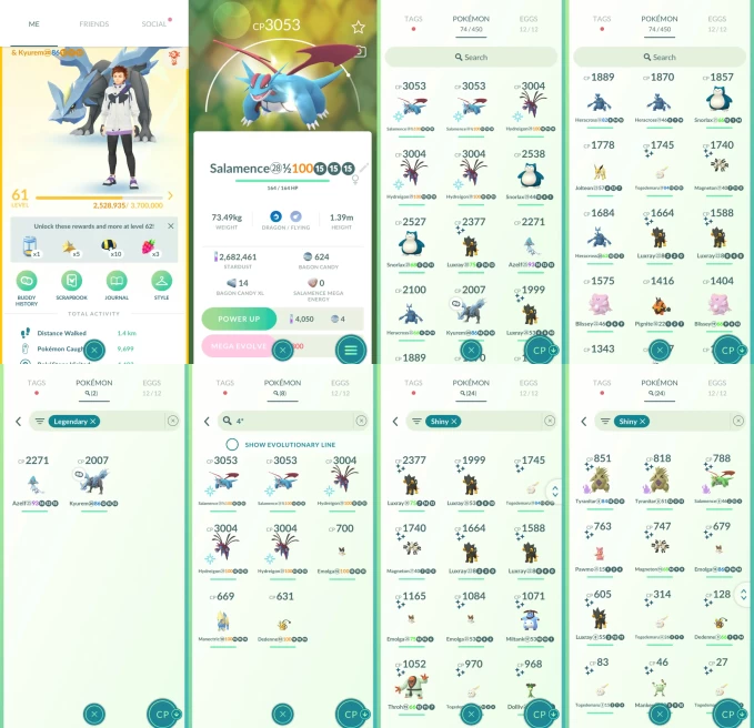 ACm1198 -lv 61 Instinct | x5 3000CP | x11 2000CP | x2 Legendary | x24 shiny | x8 100IV | Kyurem Azelf | Shiny x5 Luxray shadow Tyranitar Salamen