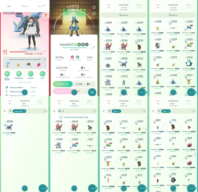 ACm1199 -lv 61 Valor | x9 2000CP | x1 Legendary | x27 shiny | x6 100IV | Kyurem Lucario | pvp 1500CP shadow 100IV Salamence | Shiny Luxray Jolte
