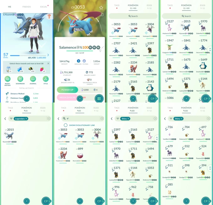 ACm1201 -lv 57 Mystic | x3 3000CP | x14 2000CP | x1 Legendary | x22 shiny | x5 100IV | Kyurem | Shiny x4 Luxray | 100IV Salamence Hydreigon Tyra