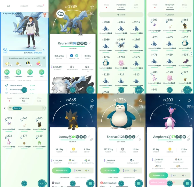 ACm1203 -lv 56 Mystic | 1.2M Stardust | x4 2000CP | x1 Legendary | x6 shiny | Kyurem | Shiny Luxray Ampharos