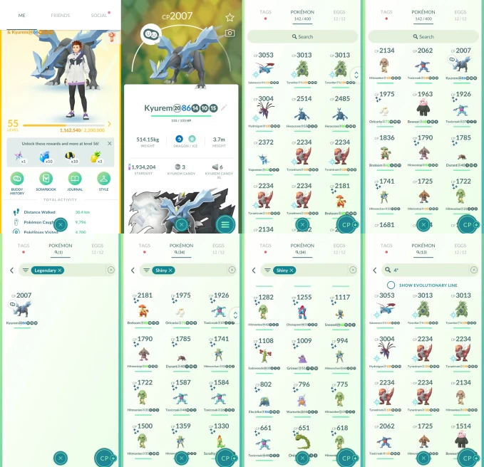ACm1210 -lv 55 Instinct | x4 3000CP | x15 2000CP | x1 Legendary | x34 shiny | x13 100IV | Kyurem | 100IV 3000CP+ Salamence Hydreigon x2 Tyranita