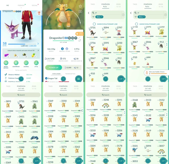 AC1267 -lv 58 Mystic | x60 3000CP | x148 2000CP | x59 Legendary | x48 shiny | x46 100IV | 3000CP+ x34 Dragonite x8 Salamence x5 Tyranitar | x12 