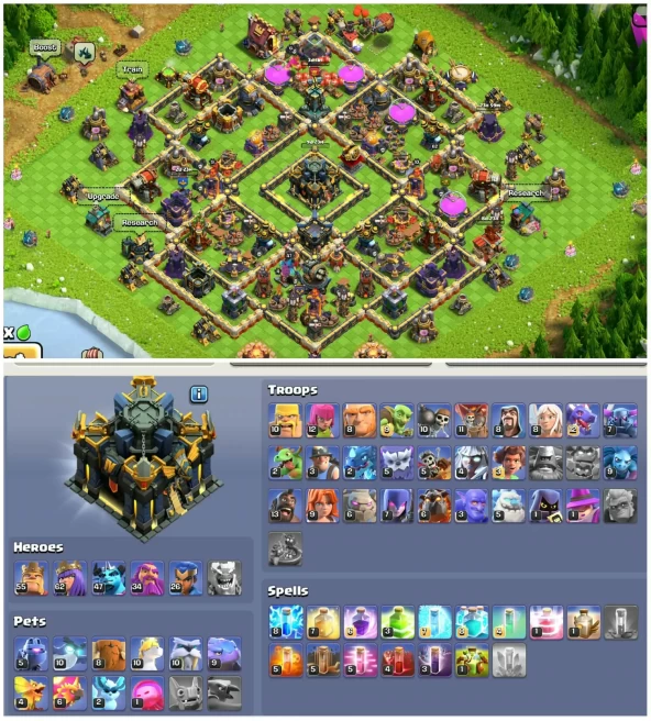 [High Helping Hut]||Th17 High Wall||366 Cwl Medals||500 Nc||8 Epic Equipment||4 Skins||3200 Gems||Lot Of Magic Iteams