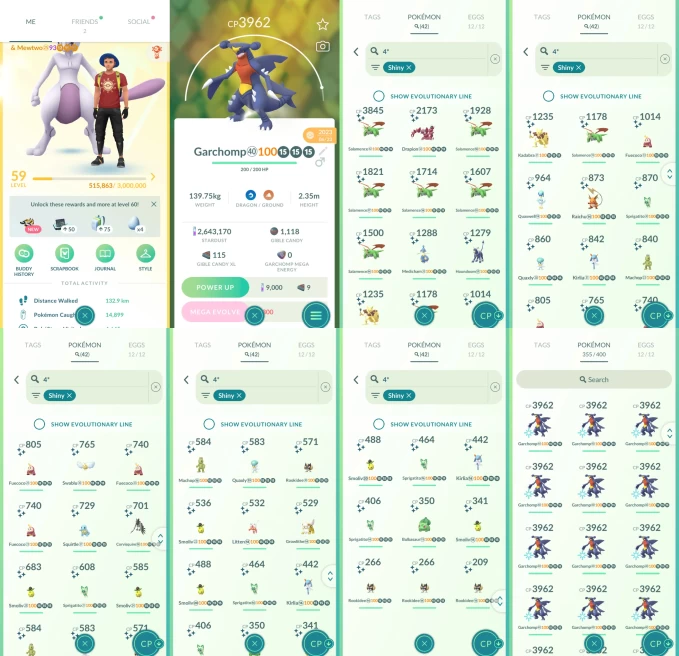 AC1254 -lv 59 Instinct | x34 3000CP | x135 2000CP | x42 SHUNDO | x71 shiny | x91 100IV | x17 3962CP Garchomp x7 Mewtwo x7 Shundo Salamence