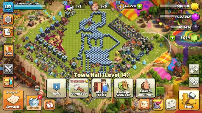 TH 14 - BH 9|Limited Skin|LV 127|HH 7|BK 67,AQ 70,GW 50,MP 49,RC 25 +1K Gem|CN OFF|Protect OFF|TAKE MAIL(COC2064)