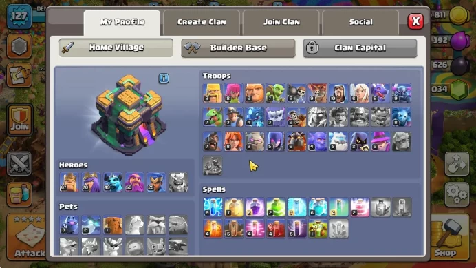 TH 14 - BH 9|Limited Skin|LV 127|HH 7|BK 67,AQ 70,GW 50,MP 49,RC 25 +1K Gem|CN OFF|Protect OFF|TAKE MAIL(COC2064)