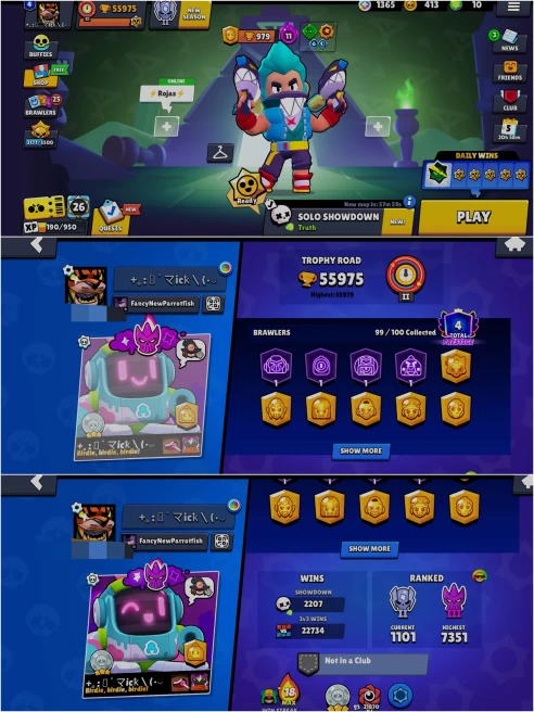 BEST BS 55.9k TROPHY, 99/100 UNLOCKED,29 HYPERCHARGED, 3 MAXED, 283 OP SKINS [5 MYTHIC+13 LEGENDARY+4 HYPERCHARGED],859 PINS,380 ICON,173 SPRAYS