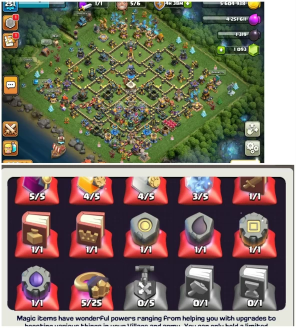 [5 Heros Max]||Th18 Near Maxed||14 Epic Equipment||10 Epic Almost Max||loaded Magic Items||2 Dragon Statue||Exp:251