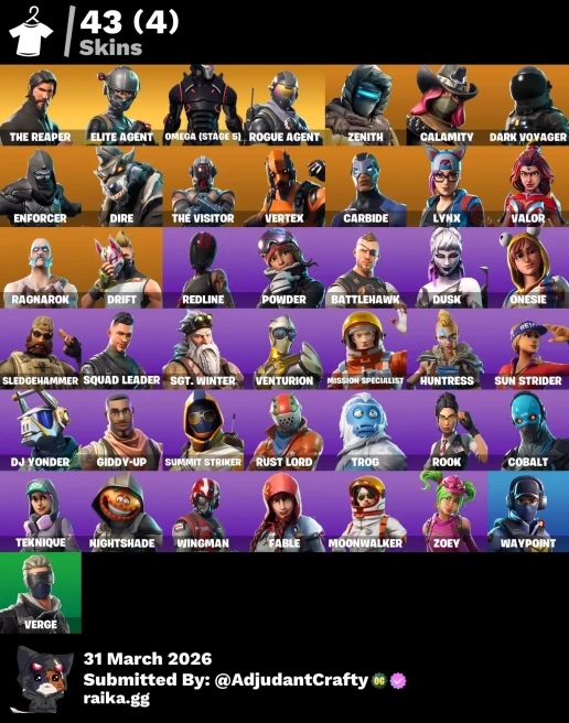 [Code 9652] [PC/XBOX] 43 skins | The Reaper | Elite Agent | Omega (stage 5) | Rogue Agent | Zenith | Calamity | Dark Voyager | Enforcer 