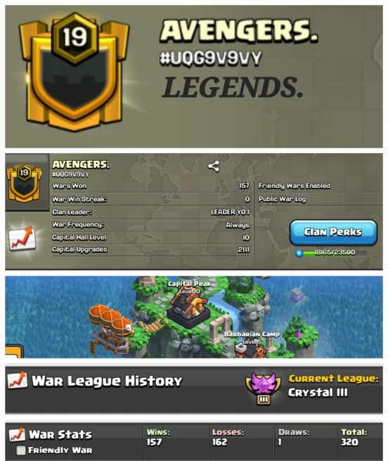 AVENGERS !! LEVEL 19 ( ALMOST LEVEL 20 ) !! CAPITAL PEAK 10 !! CRYSTAL LEAUGE 3 !! WIN 157 LOSS 162 !! PERFECT NAME !! CHEAP !! FAST DELIVERY