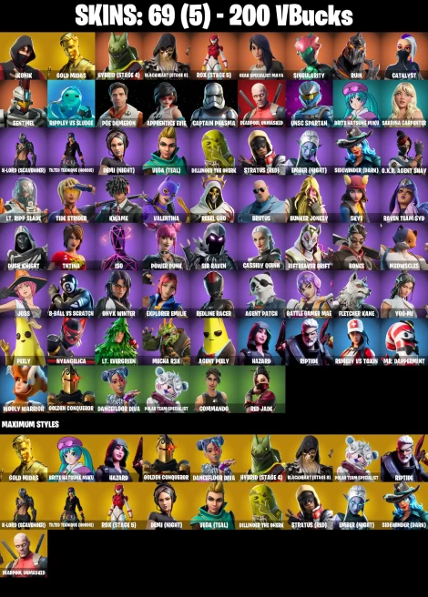 [PC/NS] 69 SKINS | IKONIK | GOLD MIDAS | HYBRID (STAGE 4) | BLACKHEART (STAGE 8) | ROX (STAGE 5) | GEAR SPECIALIST MAYA | SINGULARITY | 200 VB