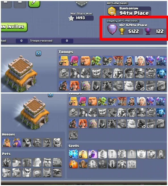 [All Time Best 5122 By Th8]||World Wide Rare||5 Digit Rank||Th8 Full Maxed||1493 War Stars||122 Legendary Trophy|Exp:154