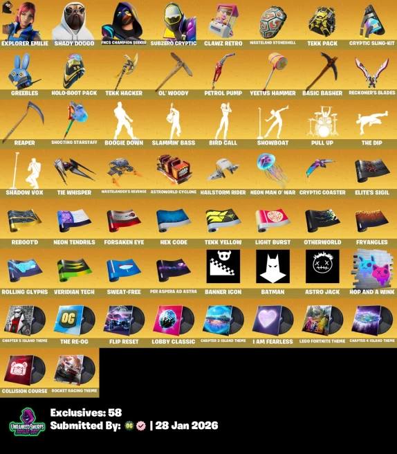 #38 [PC/XBOX/PSN/SWITCH] 192 skins | Explorer Emilie | Shady Doggo | FNCS Champion Seeker | Subzero Cryptic | Immortal Form | Burning Ambition V