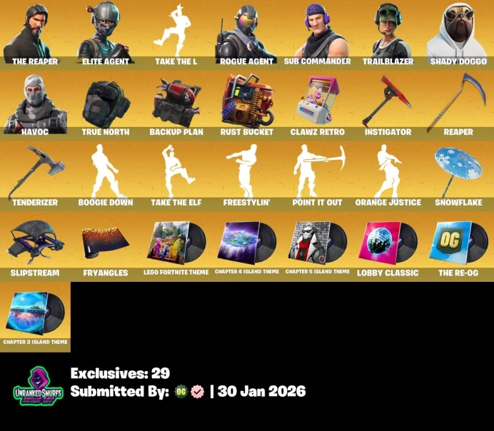 #39 [PC/XBOX/PSN/SWITCH]  65 skins | The Reaper | Elite Agent | Rogue Agent | Sub Commander | Trailblazer | Shady Doggo | Havoc | STAGE 5 | Stag