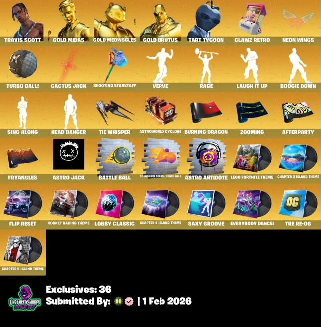 #41 [PC/XBOX/PSN/SWITCH] 63 skins | Travis Scott | Gold Midas | Gold Meowscles | Gold Brutus | Tart Tycoon | GREY | ON | XEV | HAT - DARK | MASK