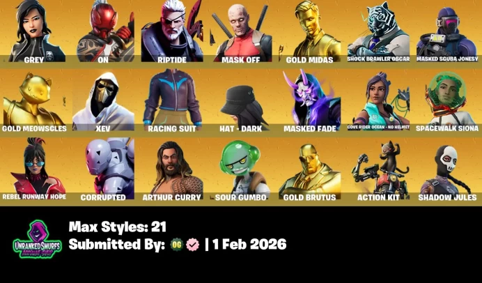 #41 [PC/XBOX/PSN/SWITCH] 63 skins | Travis Scott | Gold Midas | Gold Meowscles | Gold Brutus | Tart Tycoon | GREY | ON | XEV | HAT - DARK | MASK