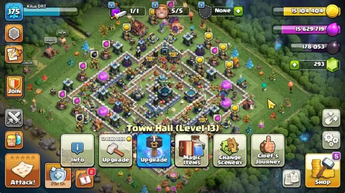 TH 13 - BH 5|Limited Skin|LV 175|HH 7|BK 44,AQ 75,GW 37,MP 43,RC 23,DD 0|CN OFF|Protect OFF|TAKE MAIL(COC2069)