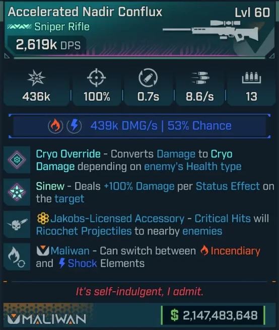 [PEARLESCENT] L60 CONFLUX (CRYO CONVERT) - 2,619K DPS (+FIRE/SHOCK DMG) - 100% ACC - 8.6 FIRE RATE - 0.7S RELOAD - RICOCHET - BEST AUTO SNIPER!