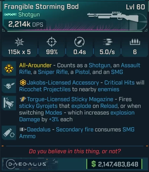 [PEARLESCENT] L60 BOD - 2,214K DPS - 5.0/s FIRE RATE - 0.4s RELOAD - TORGUE STICKY MAG - JAKOBS RICOCHET - DAEDALUS 2ND FIRE