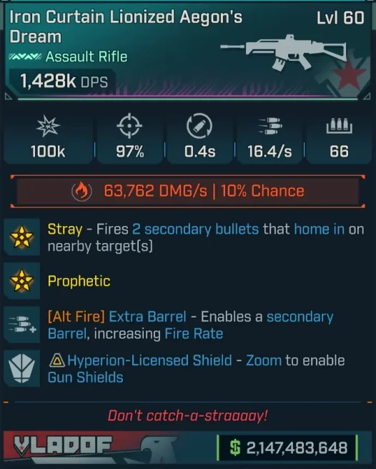 [PEARLESCENT] L60 AEGON'S DREAM - 1,428K DPS (+63,762 FIRE DMG/s) - 16.4/s FIRE RATE - 0.4s RELOAD - STRAY PERK