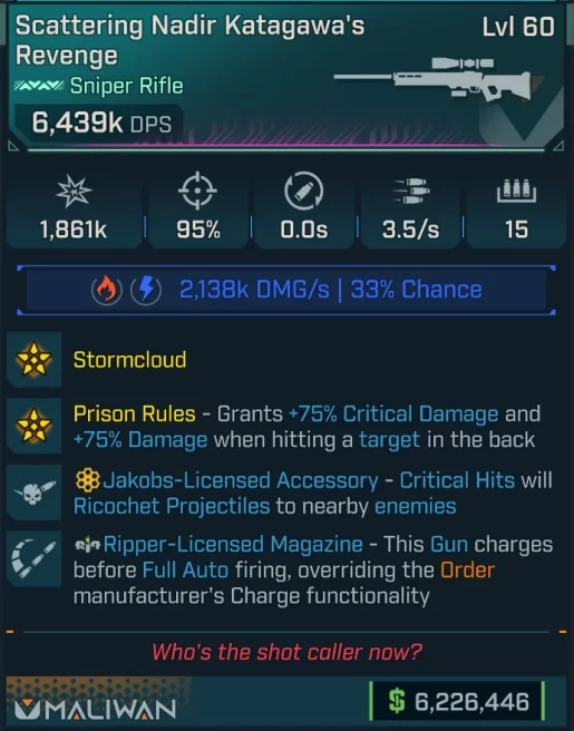[PEARLESCENT] L60 KATAGAWA'S REVENGE - 6,439K DPS (+2,138k SHOCK/1,125k FIRE DMG/s) - 3.5/s FIRE RATE - NO RELOAD - PRISON RULES