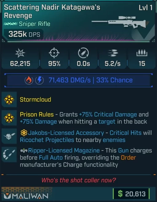 [PEARLESCENT] L1 KATAGAWA'S REVENGE - 325K DPS (+71k SHOCK/37k FIRE DMG/s) - 5.2/s FIRE RATE - NO RELOAD - PRISON RULES