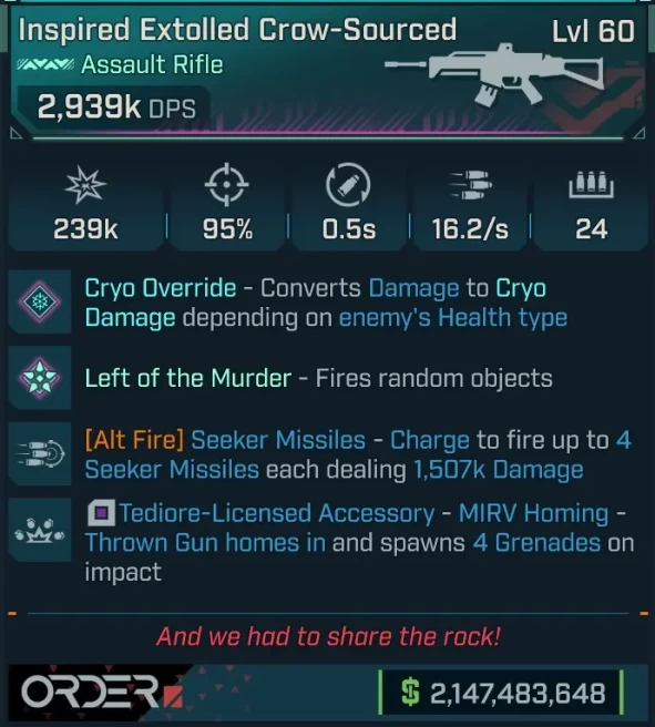 [PEARLESCENT] L60 CROW-SOURCED (CRYO CONVERT) - 2,939K DPS - 95% ACC - 16.2s FIRE RATE - 0.5S RELOAD - 4 MIRV - SEEKER MISSILES 4x1,507k DMG