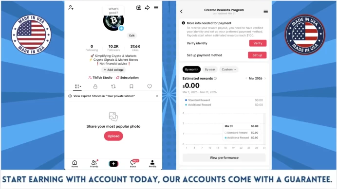 100% Monetized USA Account Creator Rewards Program Active | 10k Real Followers & 37k Likes | Real Screenshots + Full Access + Email Included