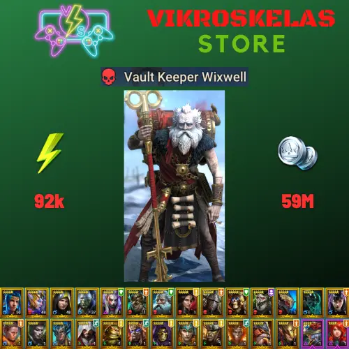 Starter acc with Wixwell : 92k energy / 59 mln coins / Var-Gall, Royal Huntsman, Ugir, Arix, Ninja + 20 Login Legendaries / Seer