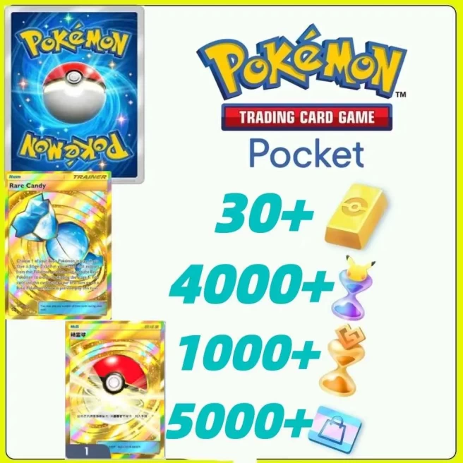 Global Server /Rare Candy Crown+Poké Ball + Pokémon Gold Bricks*30 - Pack Opening Hourglass*4000- Challenge Hourglass*1000-Shop Ticket×5000 