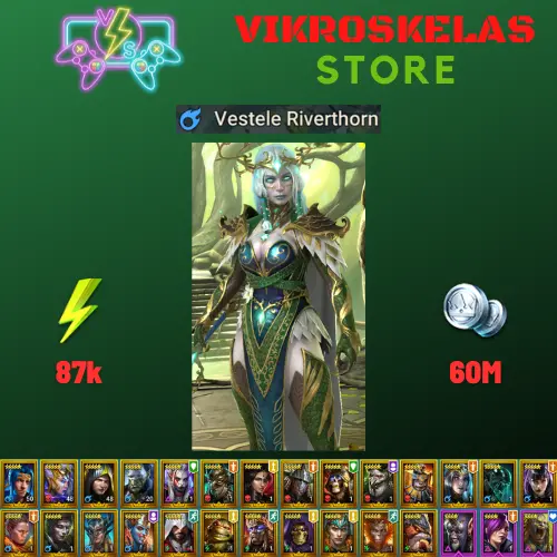 Starter acc with Vestele : 87k energy / 60 mln coins / Teela, King Garog, Arix, Ninja + 20 Login Legendaries / Maneater, Daithi