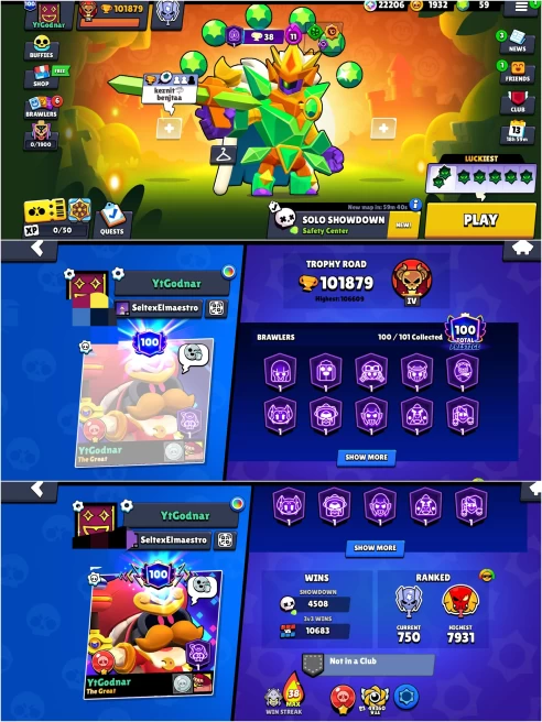 SEXXY BS 101.8k TROPHY,100/101 UNLOCKED,17 HYPERCHARGED,6 MAXED,329 OP SKINS [10 MYTHIC+3 LEGENDARY+6 HYPERCHARGED],969 PINS,452 ICON,206 SPRAY