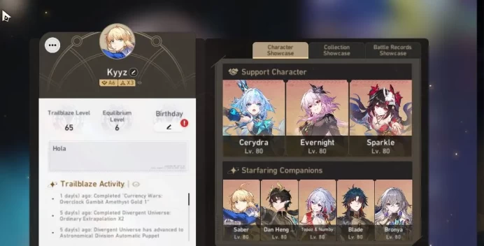 Asia|TL 65|6 Limited|Evernight+Sign,Cerydra,Saber,Sparkle,Topaz,Dante|Male MC|Take Mail|Check SS(HSR6221)