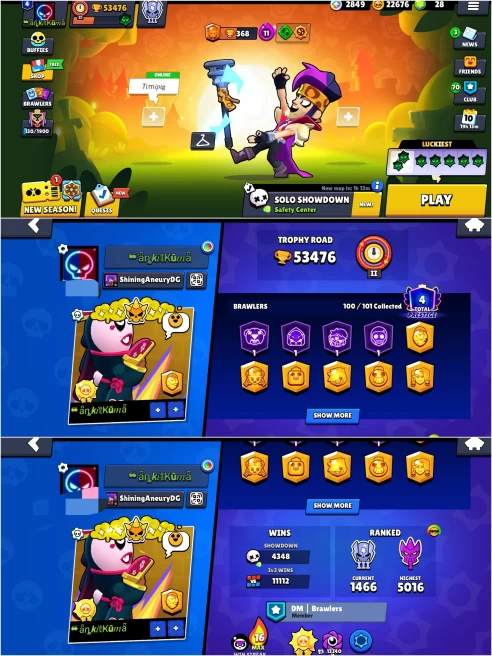 RARE 2017 BS, 53.4k TROPHY,STAR SHELLY, 100/101 UNLOCKED, 78 HYPERCHARGED, 22 MAXED, 295 OP SKINS, 1014 PINS, 427 ICON,216 SPRAYS