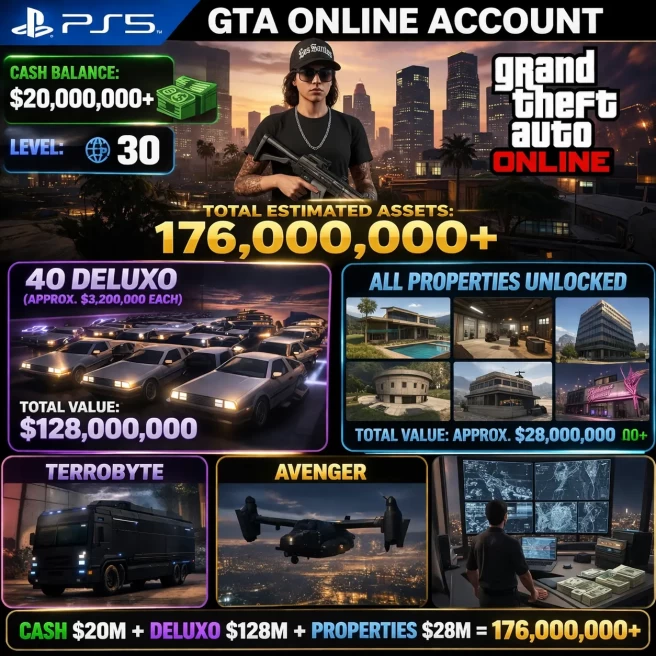 PS5 GTA Online Account – 170M+ Assets – 20M+ Cash – Level 30  Deluxo –  – All Properties Unlocked – – Terrorbyte – Avenger 