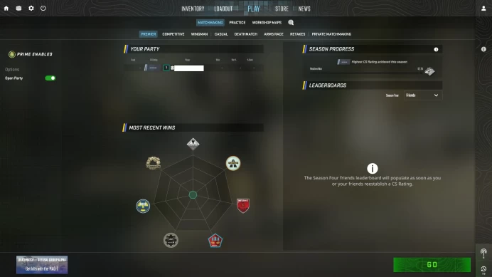 [ID:58535][PRIME][PREMIER MODE AVAILABLE][FACEIT READY][VERY RARE][COMMENDATIONS 3x75] UN (UNRANKED || 0 MM || 26 HOURS)