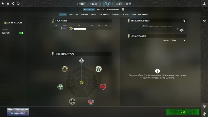 [ID:29995][PRIME][PREMIER MODE AVAILABLE][VERY RARE][COMMENDATIONS 3x125] UN (UNRANKED || 0 MM || 25 HOURS)